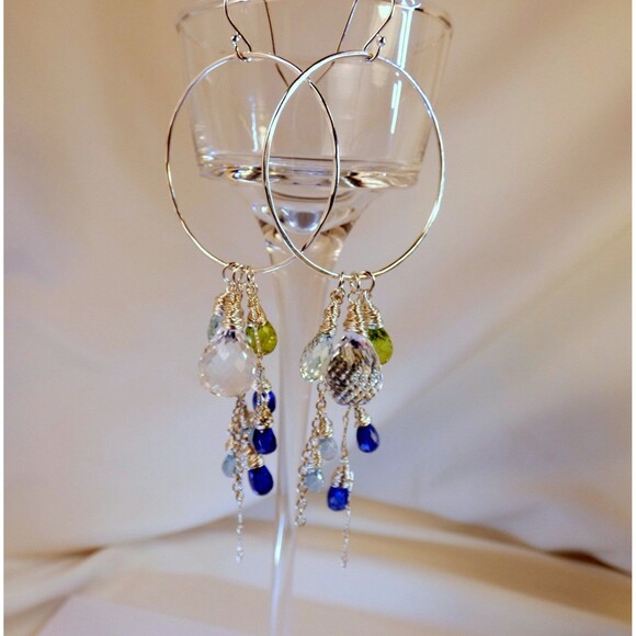 Kyanite Rock Quartz Peridot  Aquamarine-Sterling Silver Earrings  "New Rain" - Picture 3 of 7